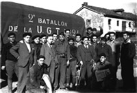 Batallón UGT nº 2 Prieto. En medio de la imagen con gorrillo su comandante Aniceto Alonso  'Toralpy'. El Prieto aguantó 8 horas en el Urkulu a costa de perder a un tercio de sus hombres. (Fondo C. Suárez. Museu del Pueblu d´Asturies).